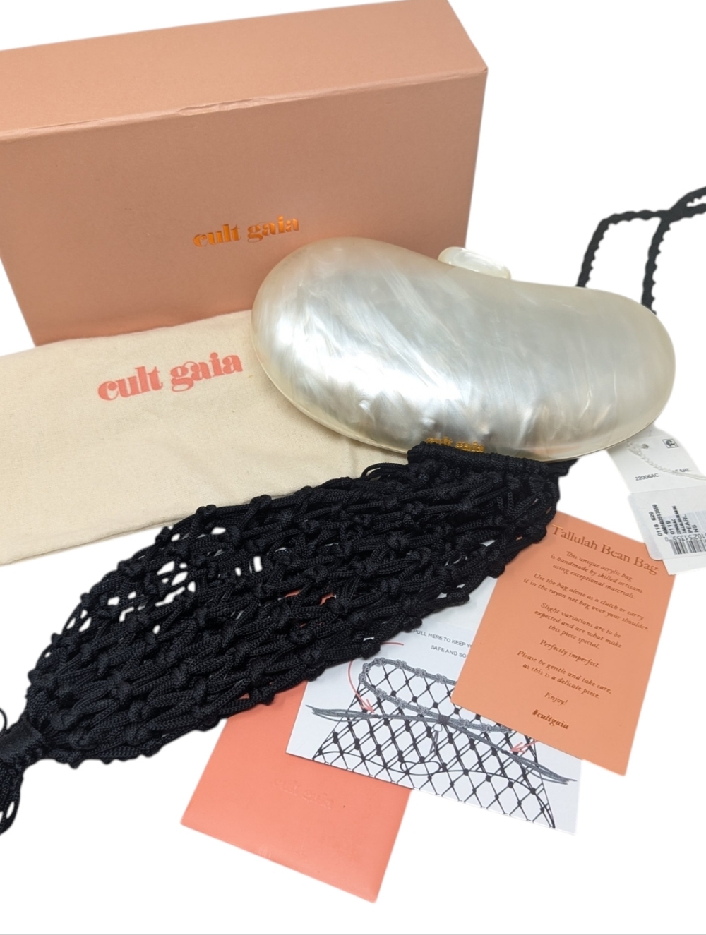 NWT Cult Gaia Tallulah Pearl Clutch with Black Macramé Bag